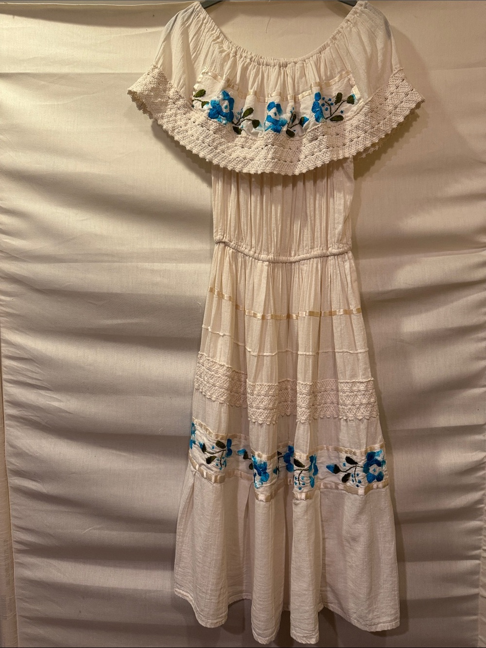 White Off-Shoulder Cotton Dress with Blue Floral Embroidery